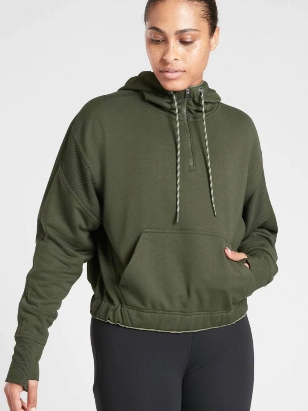 Athleta Ascend Warm Up Hoodie Quarter Zip Tuscan Olive Women's Small